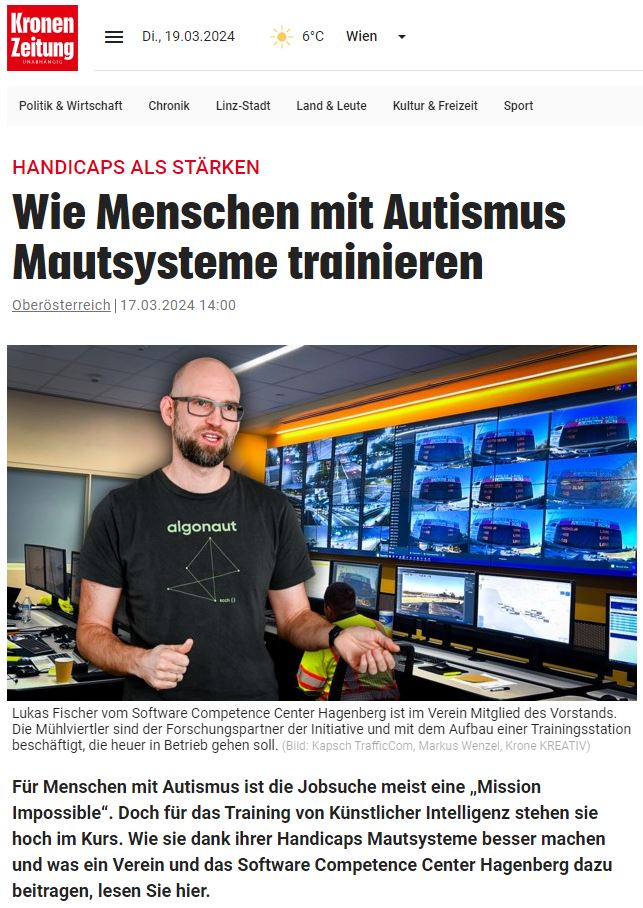 Screenshot von Krone-Artikel "Wie Menschen mit Autismus Mautsysteme trainieren" mit Responsible Annotation-Mitgründer Lukas Fischer am Cover